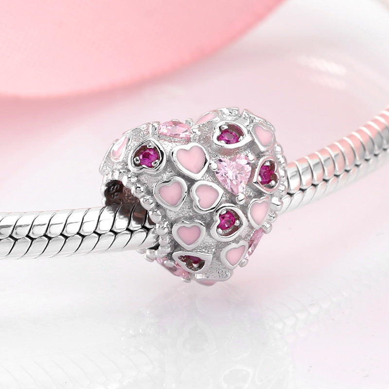S925 Sterling Silver Heart Bead Pink Zircon Pendant