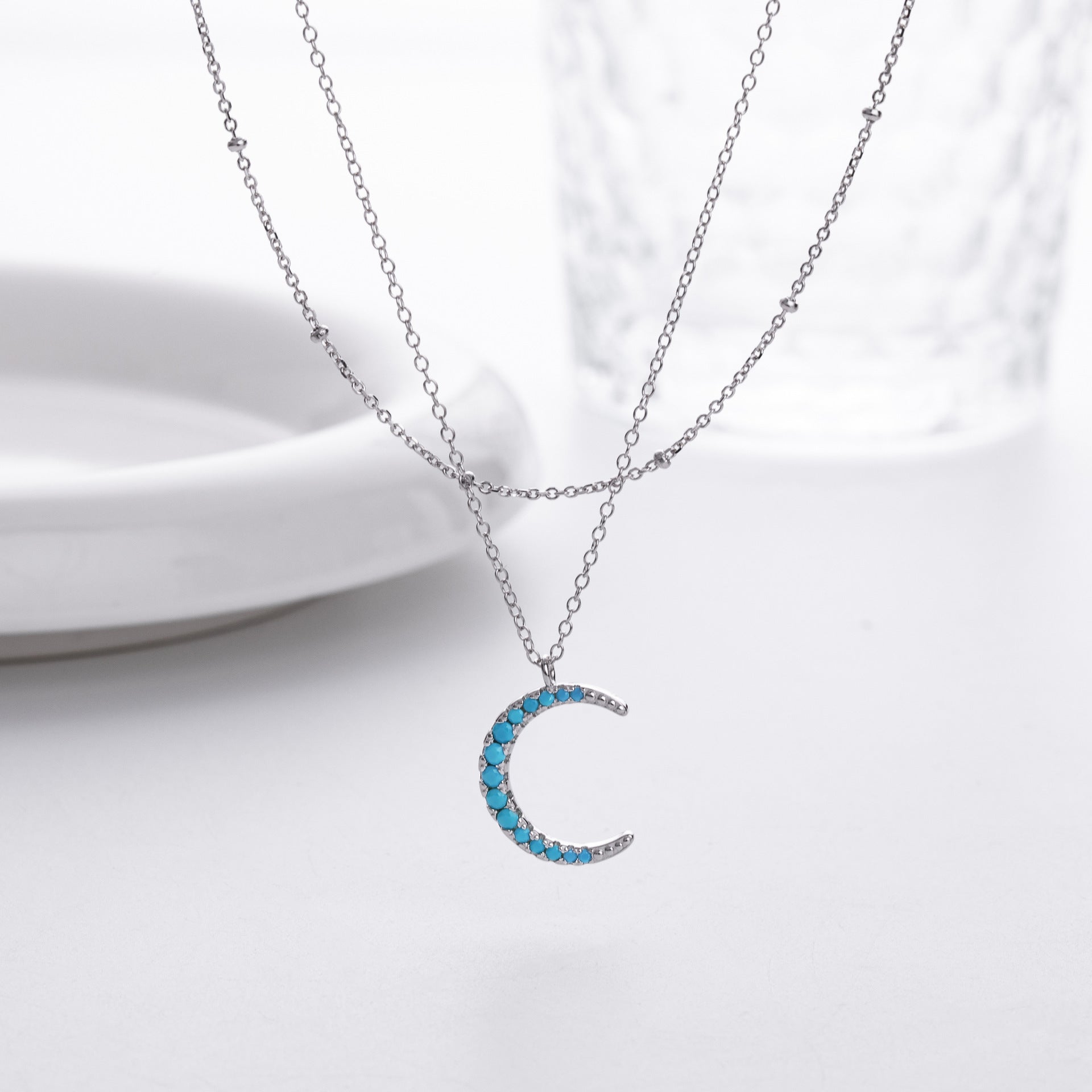 S925 Sterling Silver Moon Double Layer Necklace