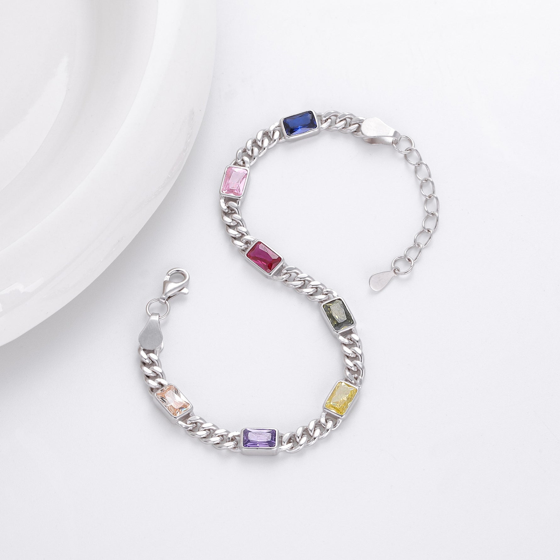 925 Sterling Silver Bracelet with Colorful Square Stones