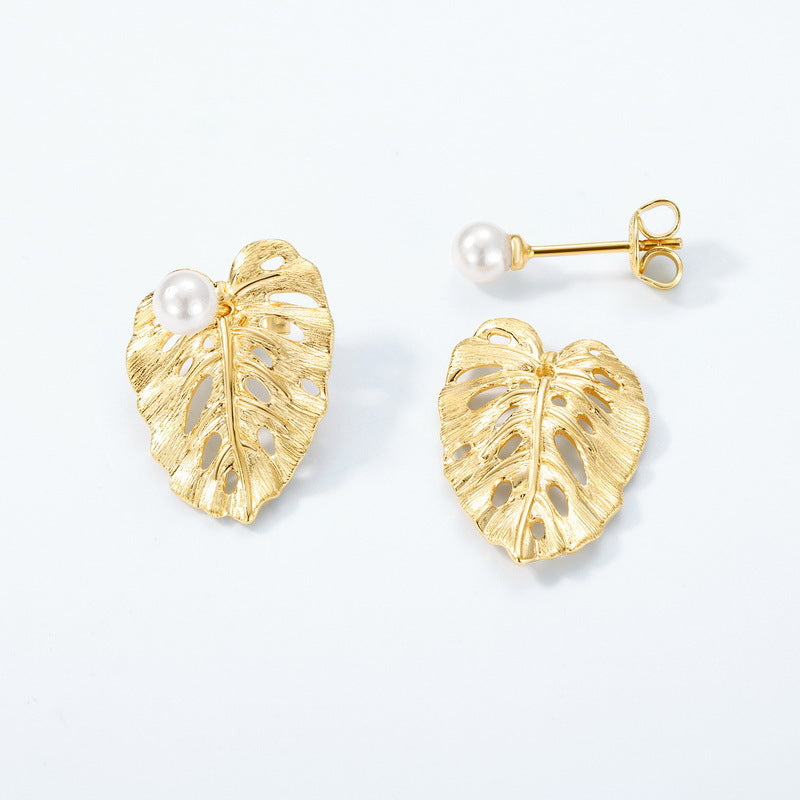 S925 Sterling Silver Gold-Plated Leaf and Pearl Earrings