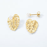 S925 Sterling Silver Gold-Plated Leaf and Pearl Earrings