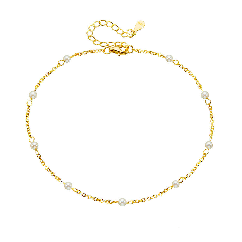 S925 Sterling Silver Plated 14K Gold Pearl Beaded Anklet