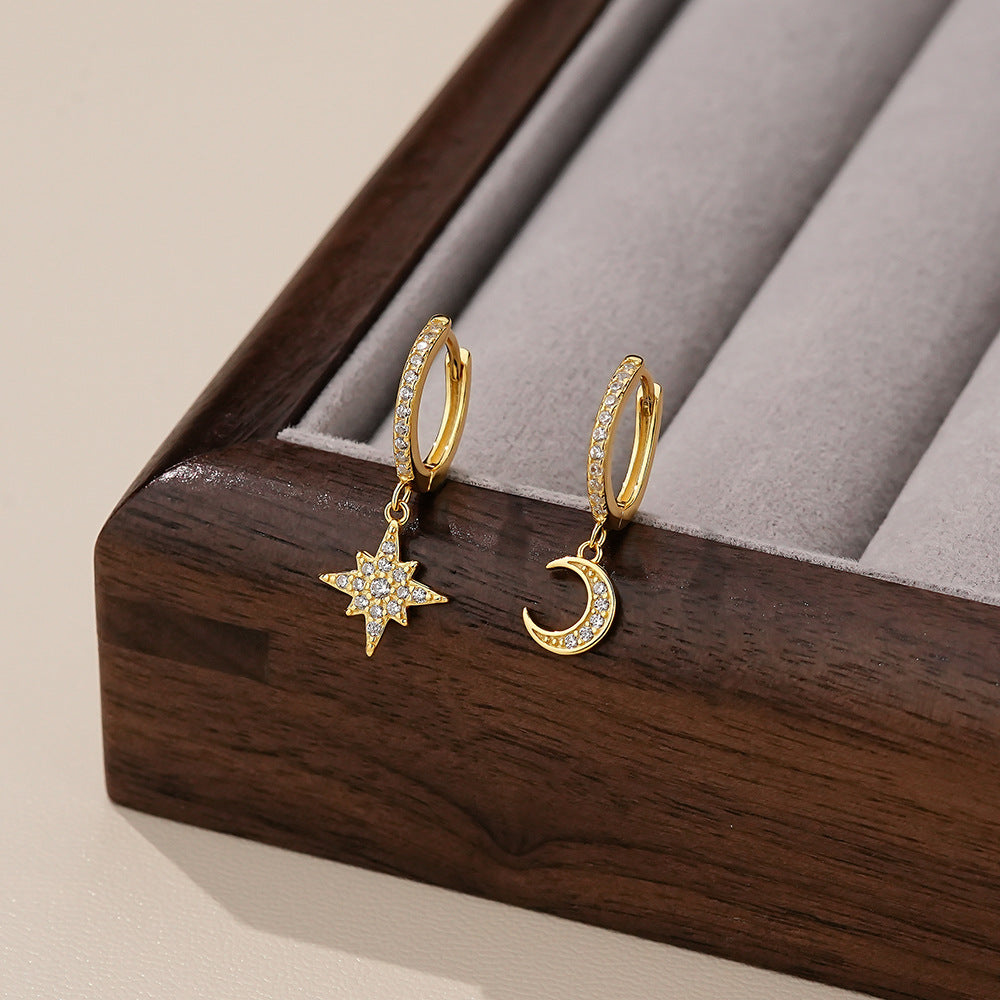 S925 Sterling Silver Star and Moon Earrings with Zirconia