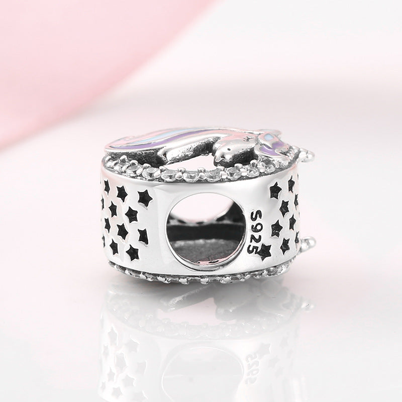 S925 Sterling Silver Unicorn Bead Pendant with Zircon Trim