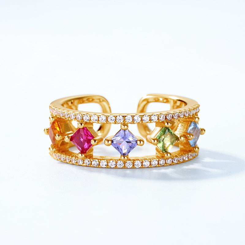 S925 Sterling Silver Gold-Plated Rainbow Zircon Ring