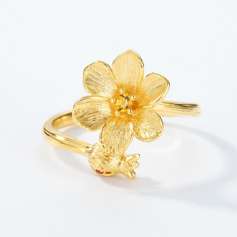 S925 Sterling Silver Gold-Plated Pomegranate Zircon Inlaid Ring