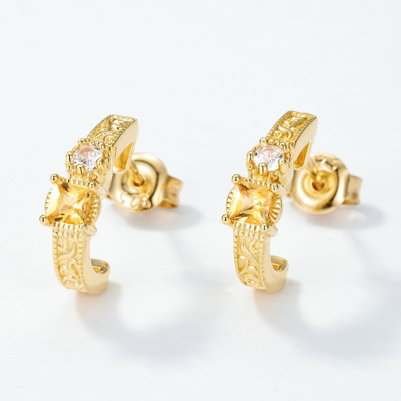 S925 Sterling Silver Gold-Plated Square Yellow Crystal Earrings