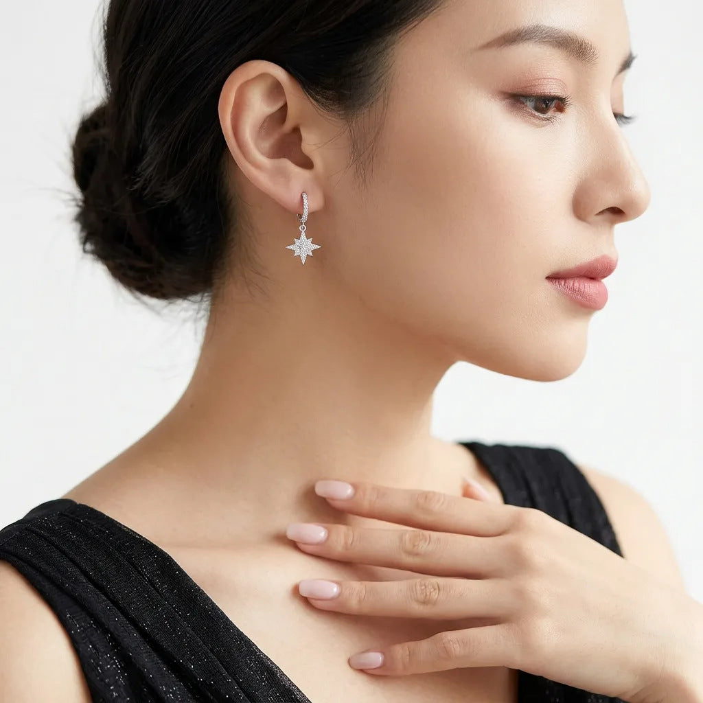 S925 Silver Star and Moon Moissanite Long Earrings