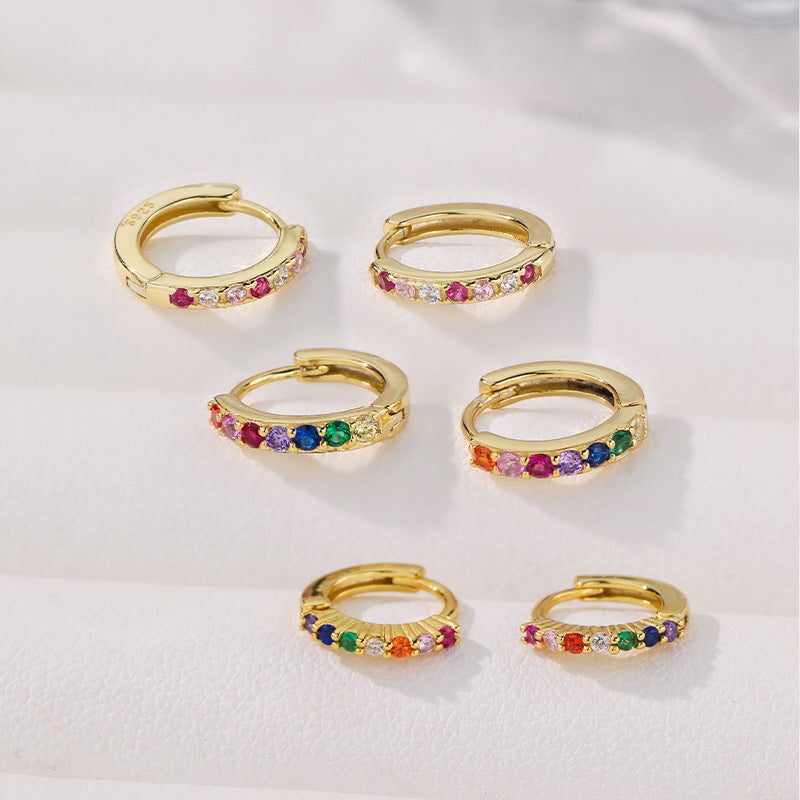 S925 Sterling Silver Round Earrings with Colorful Cubic Zirconia