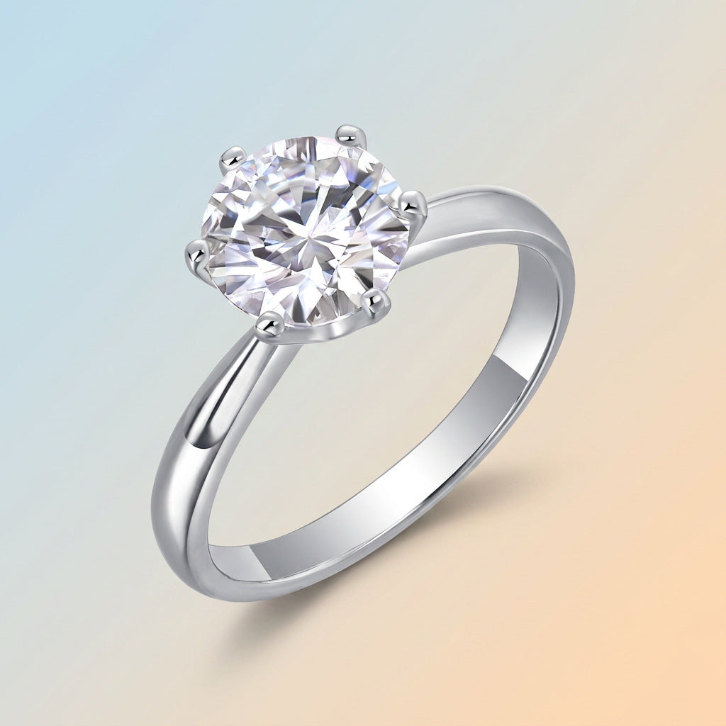 S925 Sterling Silver Six-Prong Moissanite Solid Band Ring