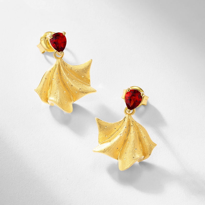 S925 Sterling Silver Gold-Plated Garnet Fan-Shaped Ginkgo Leaf Earrings
