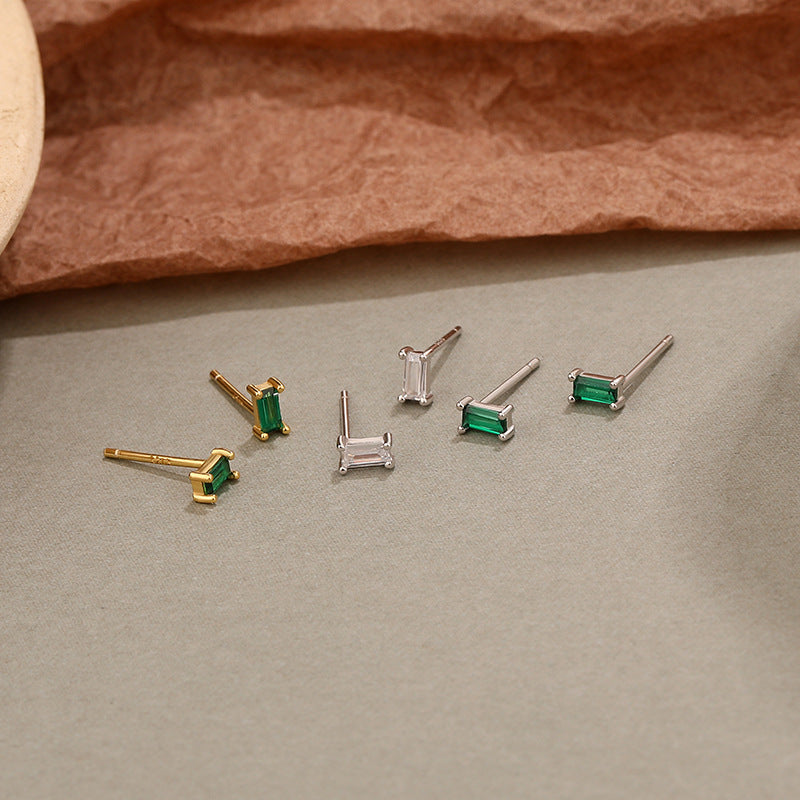 Sterling Silver Square Stud Earrings with Colorful Cubic Zirconia