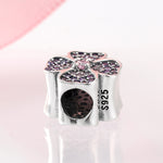 S925 Sterling Silver Sparkling Pink Purple Four Leaf Clover Bead Pendant
