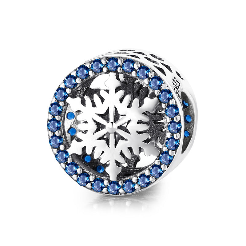 S925 Sterling Silver Ice Crystal Snowflake Blue Zircon Inlaid Bead Pendant