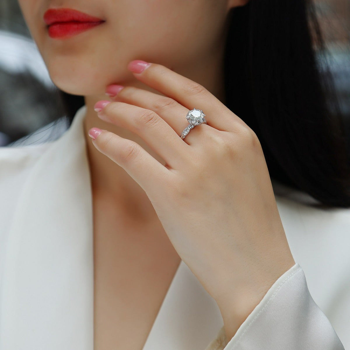 S925 Silver Six-Prong Cluster Moissanite Ring