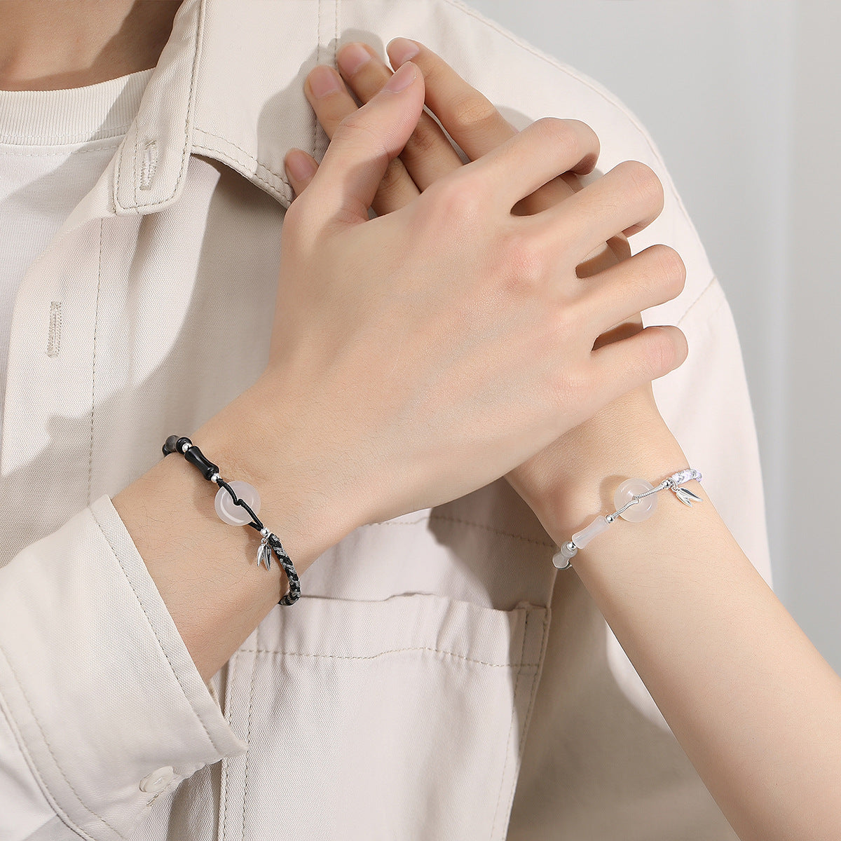S925 Sterling Silver Braided Couple Bracelet, White Chalcedony Safety Buckle with Obsidian Bamboo‑Joint