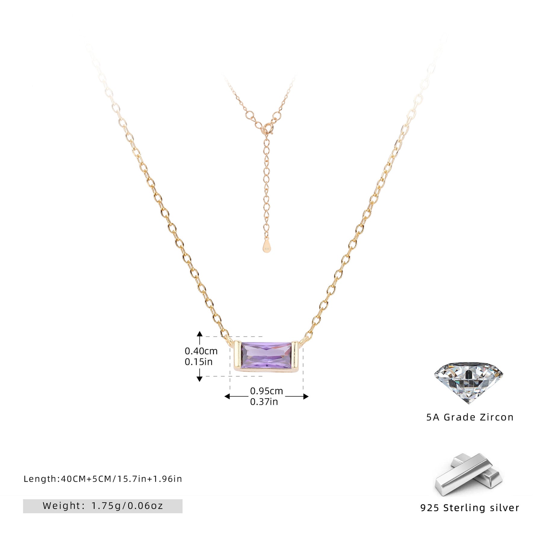 Rectangular colored zircon s925 sterling silver December birthstone collar necklace