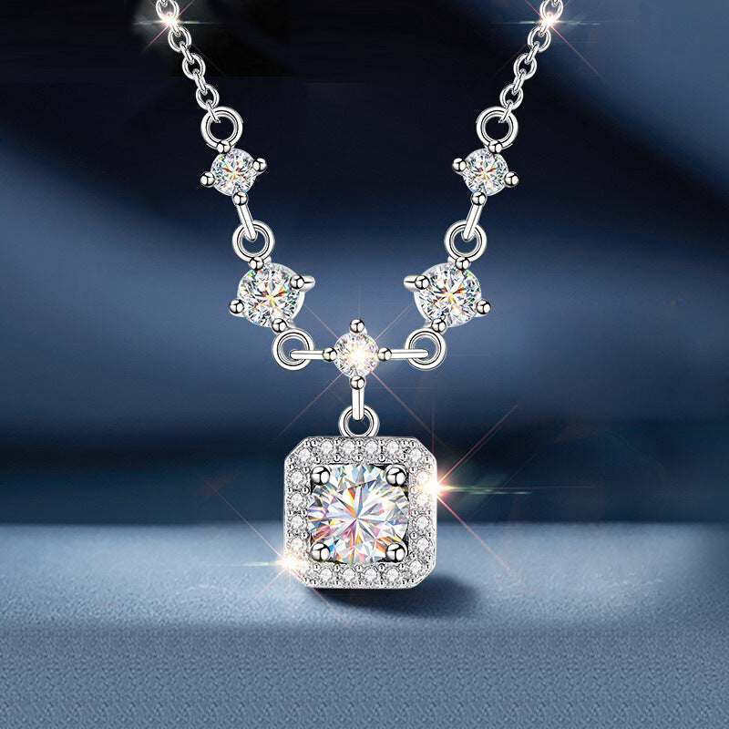 S925 Sterling Silver Moissanite Square Pendant Tassel Necklace