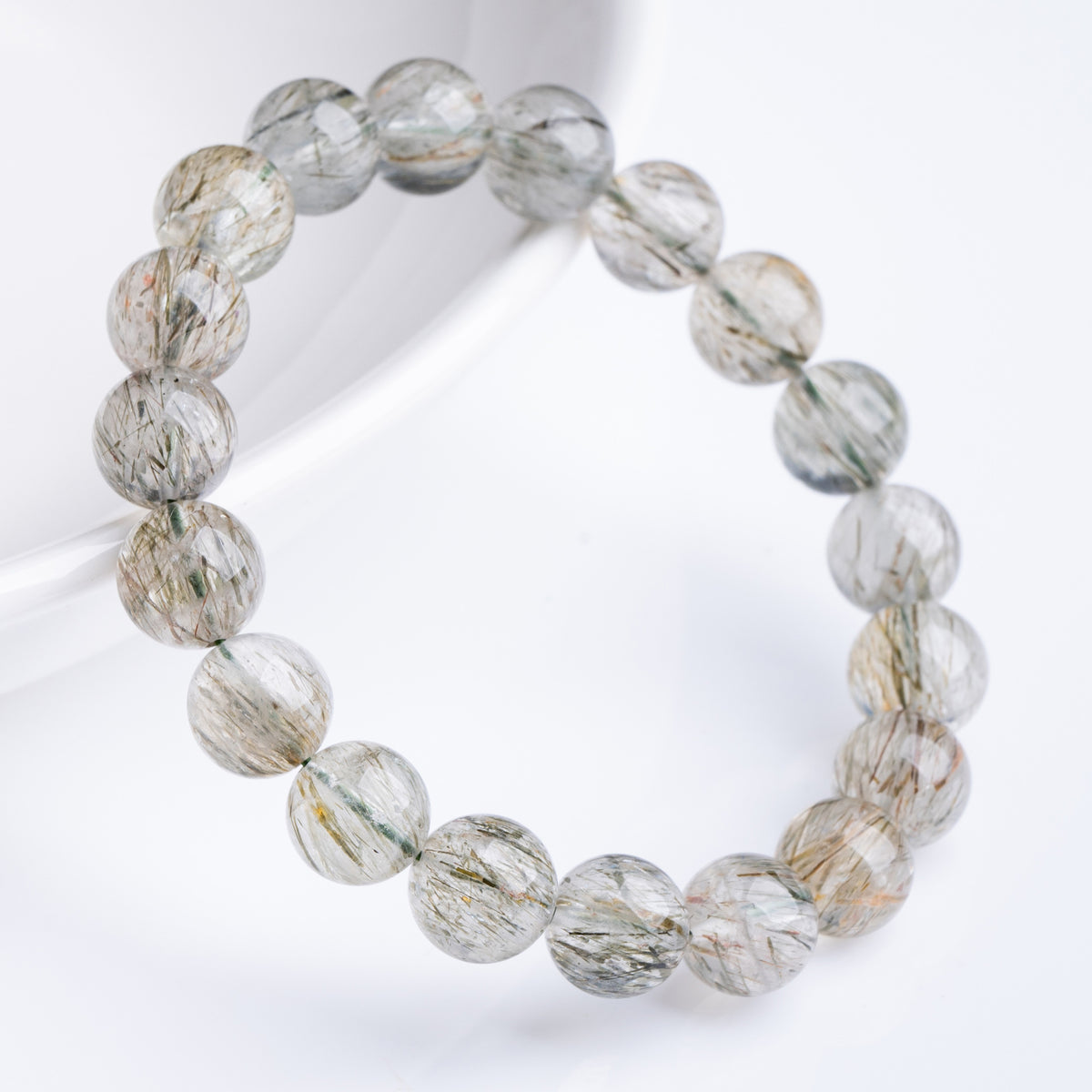 Natural Tourmaline and Green Rutilated Quartz Round Bead Bracelet