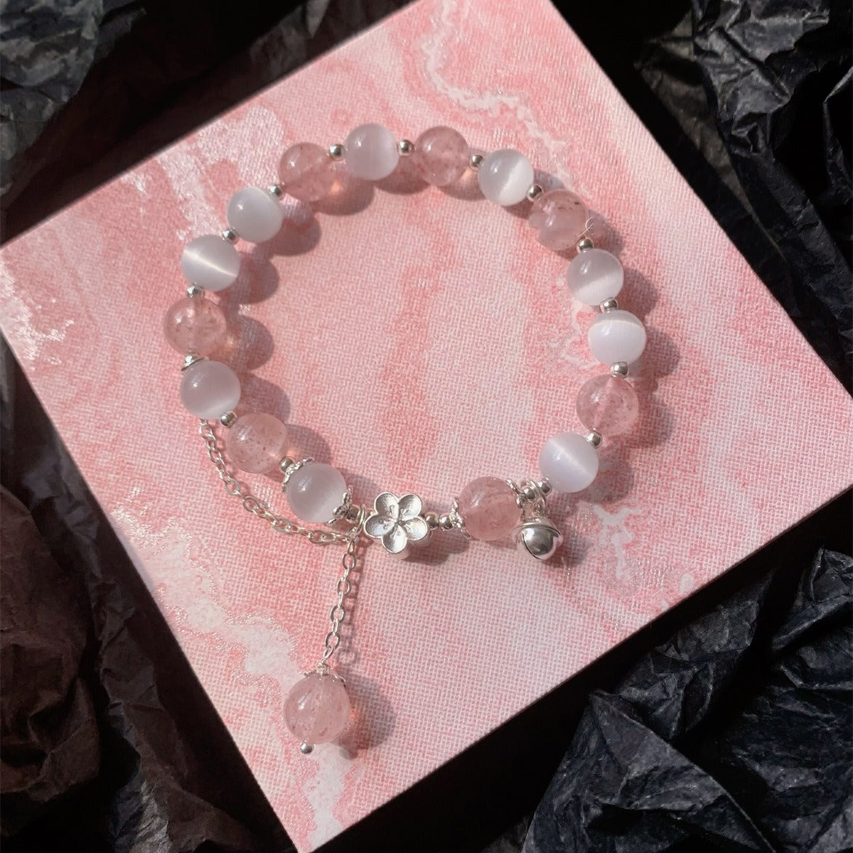 S925 Sterling Silver Natural Strawberry Quartz & Cat's Eye Crystal Bracelet