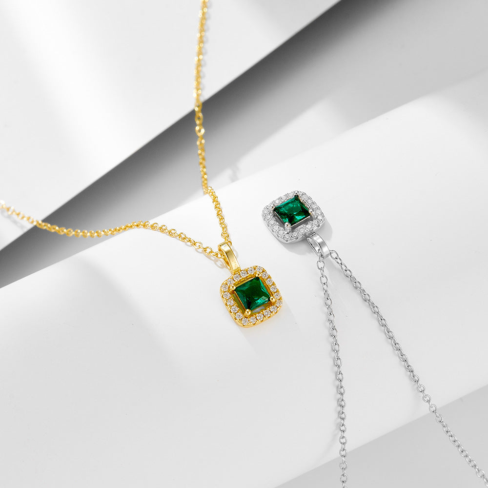 S925 Sterling Silver Square Emerald Zircon Pendant Necklace