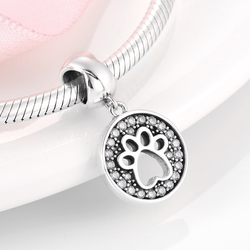 S925 Sterling Silver Round Pet Paw Print Zircon Trim Pendant