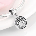 S925 Sterling Silver Round Pet Paw Print Zircon Trim Pendant