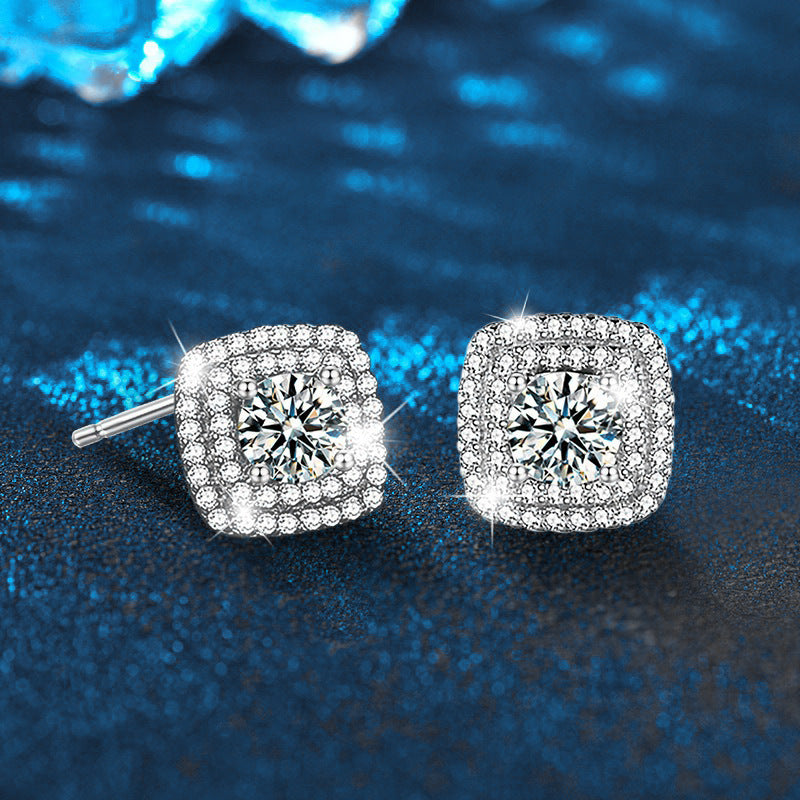 Sugar cube earrings, 925 sterling silver, moissanite, simple and everyday style.
