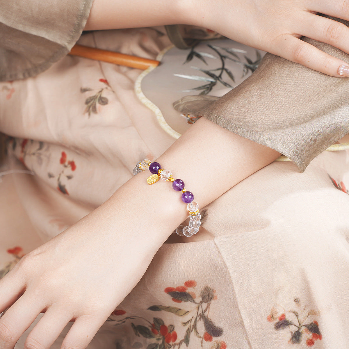 S925 Silver Beaded Bracelet, Natural Clear Quartz and Amethyst, Elegant Unique Design