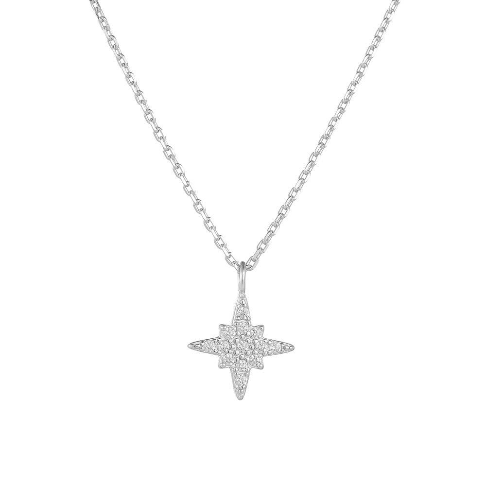 S925 Sterling Silver Full Zircon Inlaid Eight Awn Star Necklace