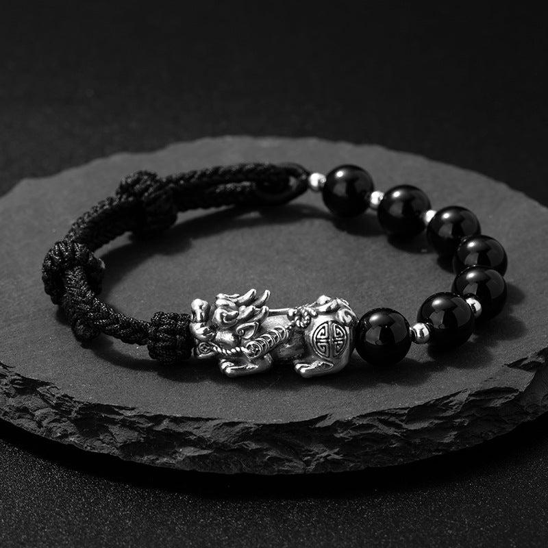 999 Fine Silver Black Agate Chinese Style Lucky Pixiu Braided Bracelet