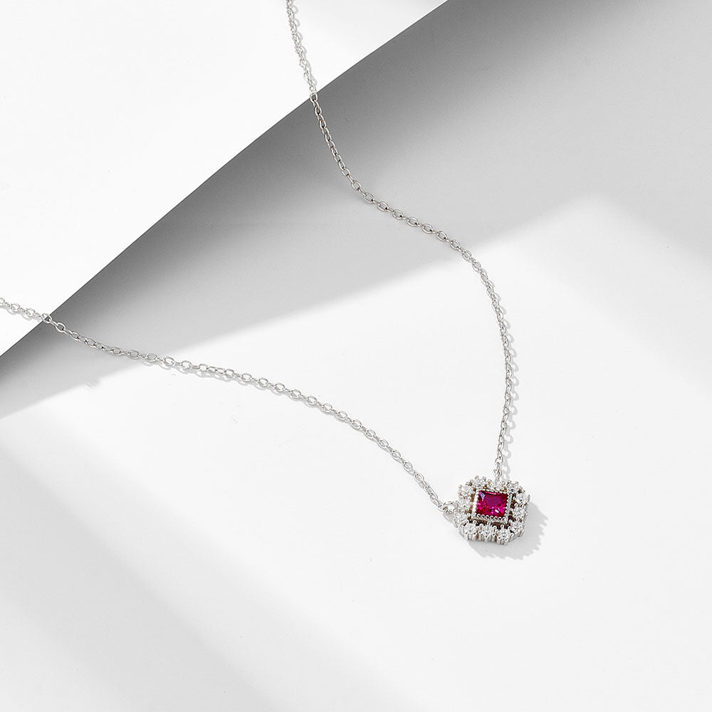 S925 Sterling Silver Geometric Square Ruby Hollow Pendant Zircon Necklace