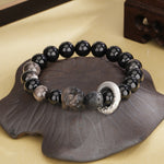 999 Pure Silver Bracelet, Natural Obsidian Retro Lion Dance Safety Buckle