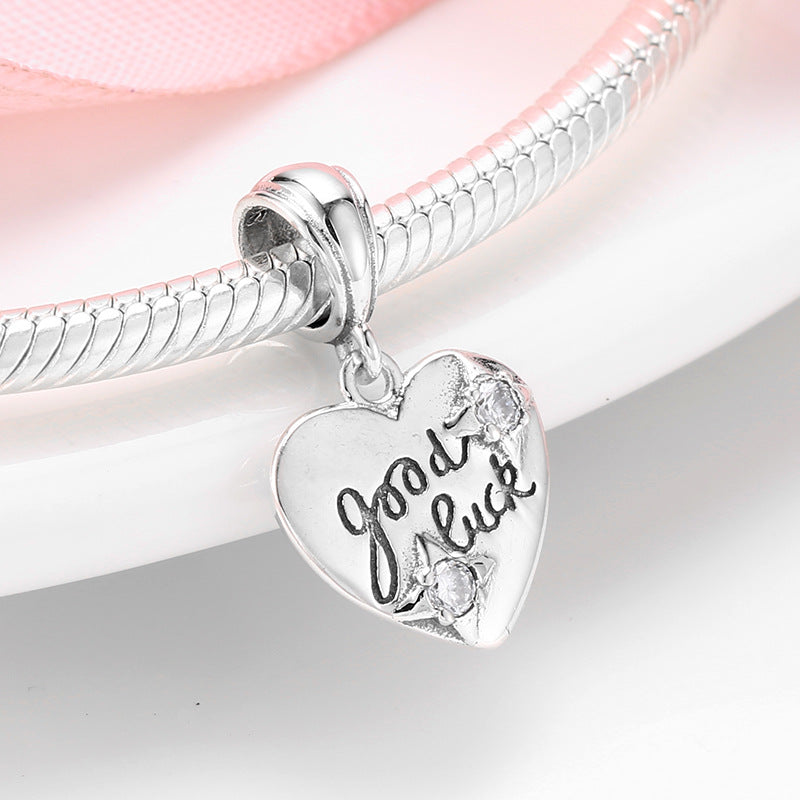 S925 Sterling Silver Heart Shape Engraved Good Luck Pendant with Zircon Inlaid