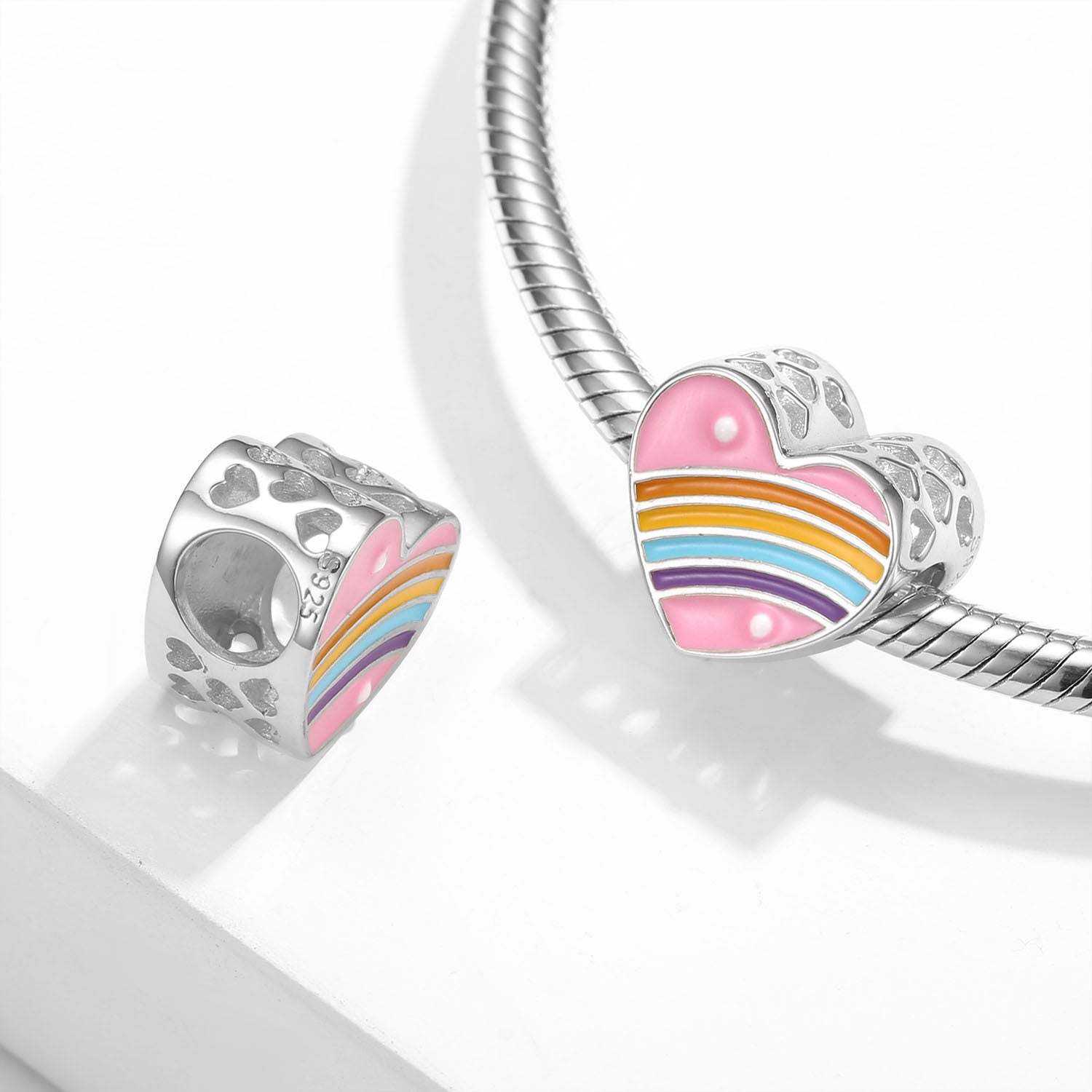 S925 Sterling Silver Rainbow Love S925 Silver Beaded Pendant
