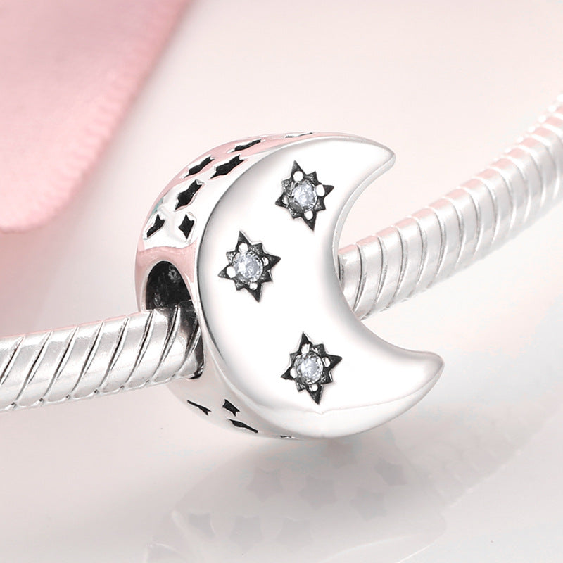 S925 Sterling Silver Moon and Stars Zircon Inlaid Bead Pendant
