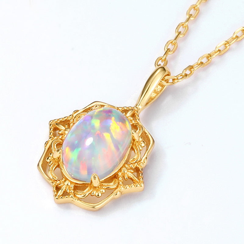 S925 Sterling Silver Plating 9K Gold Synthetic Opal Mirror Flower Edge Necklace