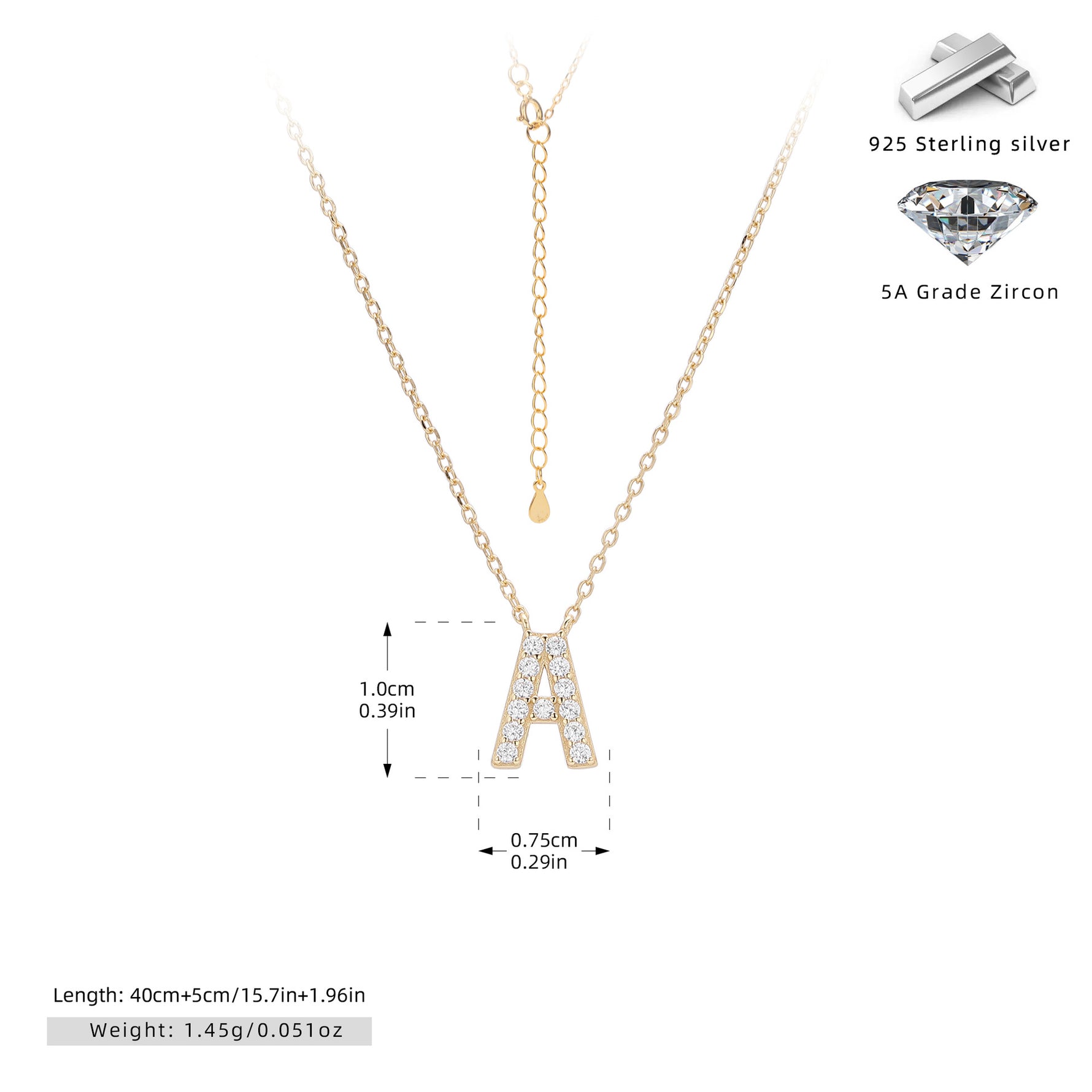 S925 Sterling Silver Simple Zircon Necklace with English Letters