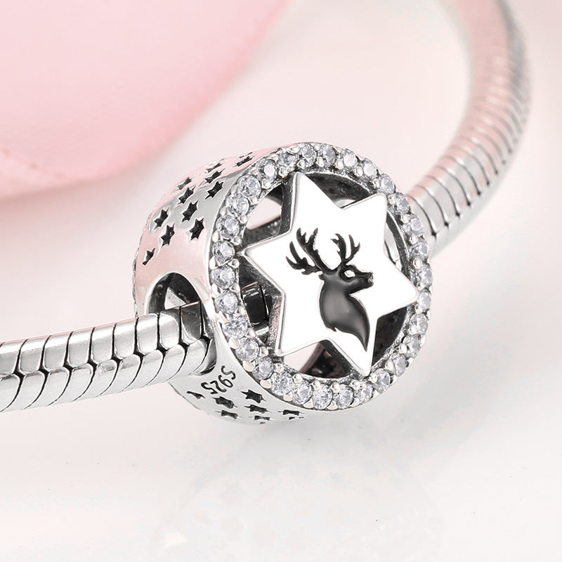 S925 Sterling Silver Zircon Trim Star Moose Head Beaded Pendant