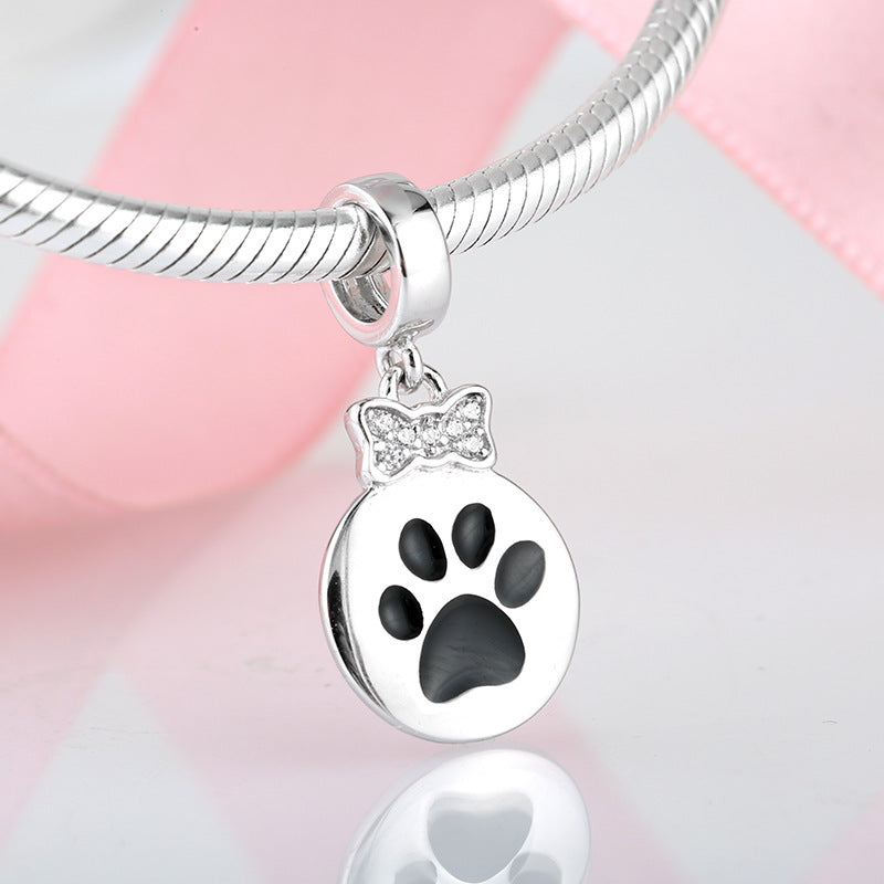 S925 Sterling Silver Cat Paw Bow Shape Zircon Inlaid Pendant