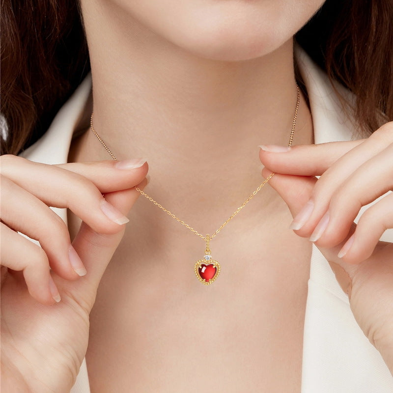 S925 Sterling Silver Gold-Plated Garnet Heart Necklace