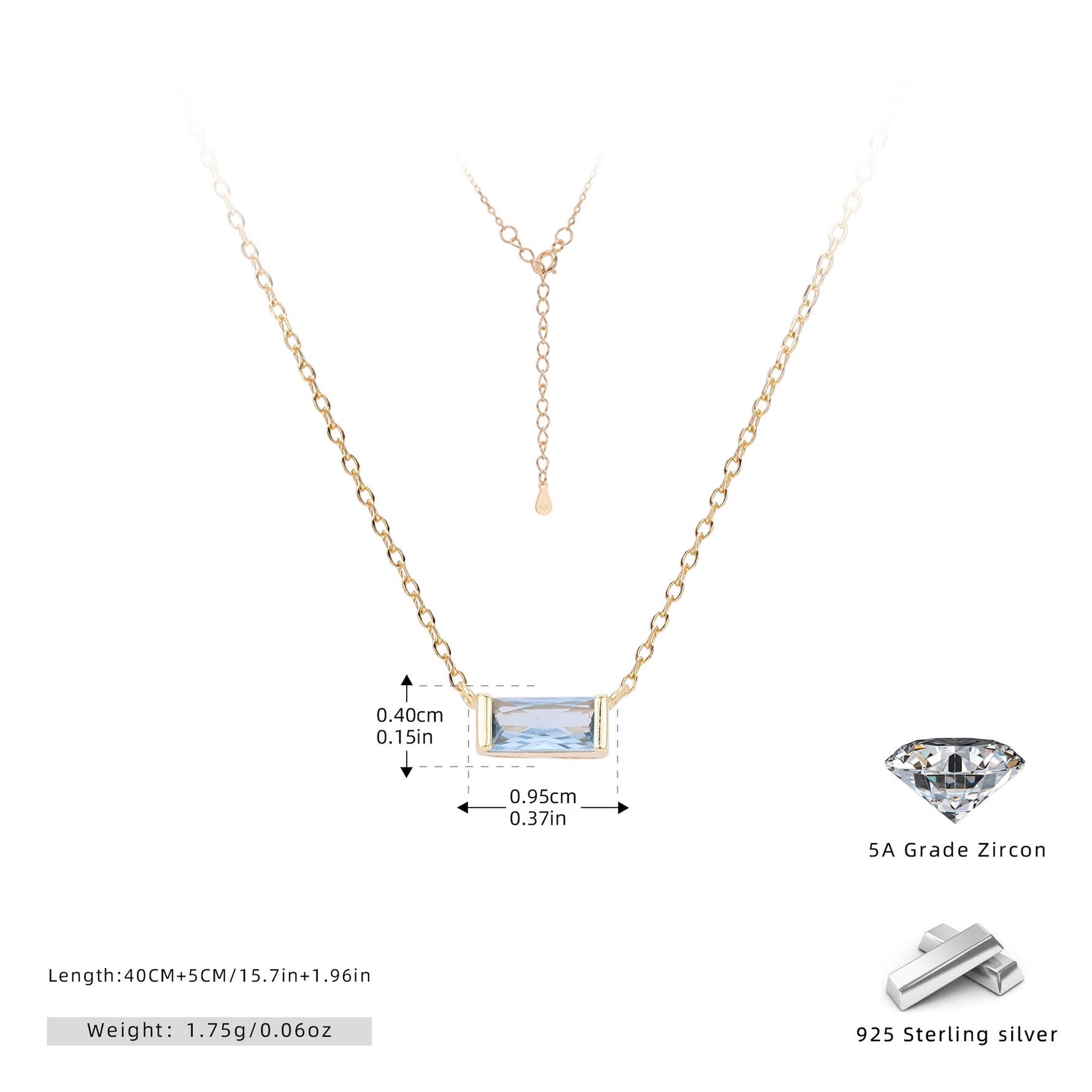 Rectangular colored zircon s925 sterling silver December birthstone collar necklace