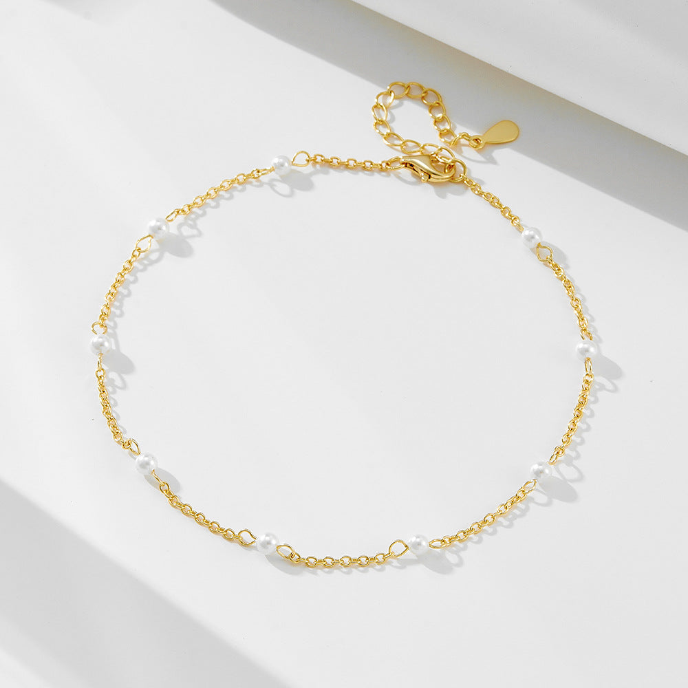 S925 Sterling Silver Plated 14K Gold Pearl Beaded Anklet
