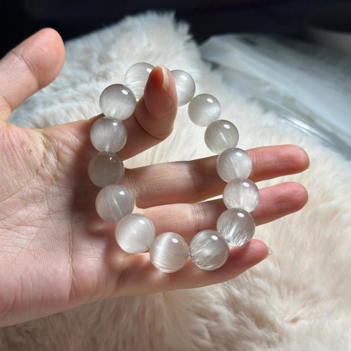 Natural grey rabbit fur bead bracelet