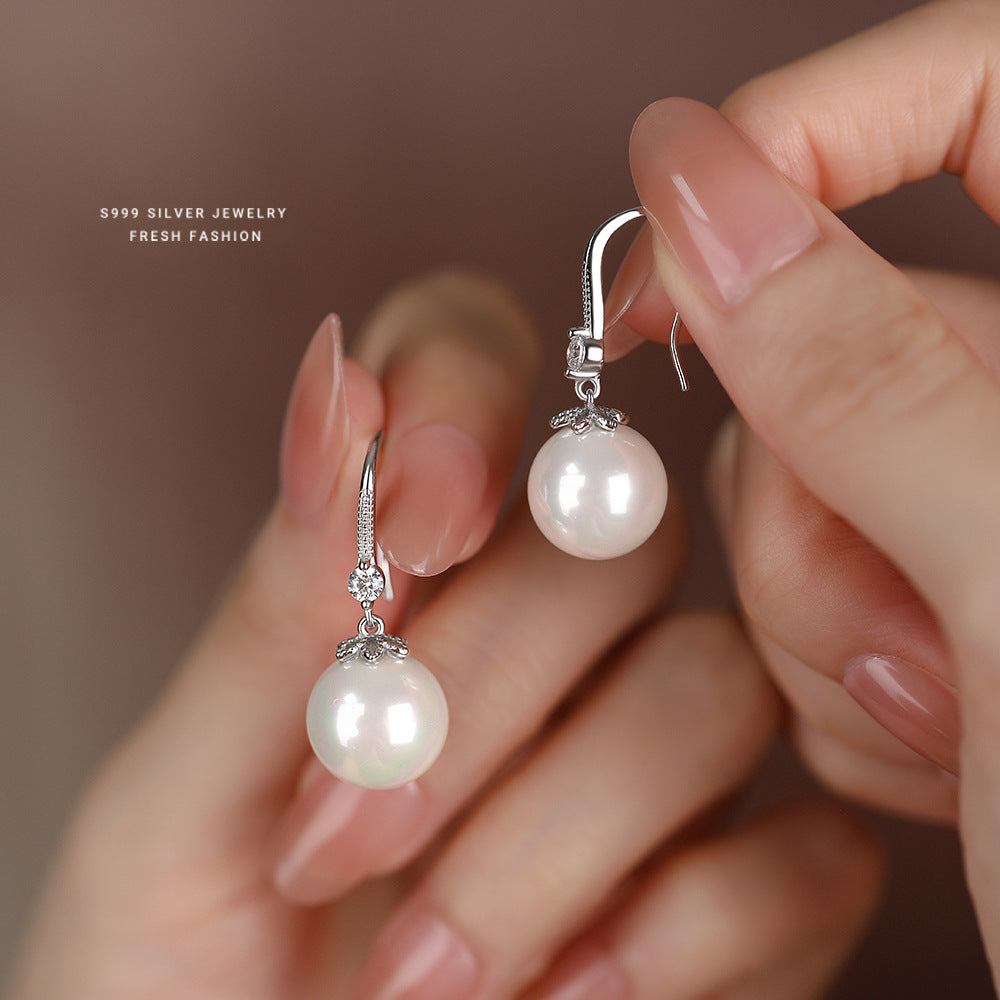 S999 Pure Silver Pearl Drop Earrings with Zirconia
