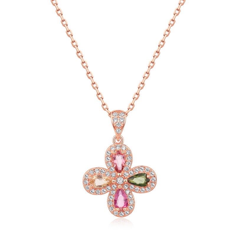 S925 Sterling Silver Four-Leaf Clover Colorful Tourmaline Pendant Necklace