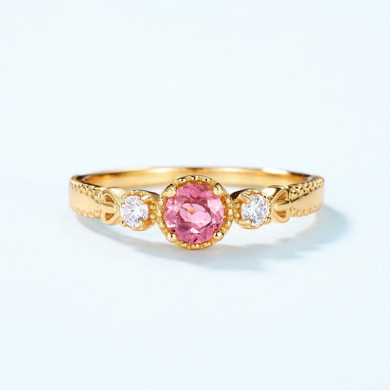 S925 Sterling Silver Gold-Plated Natural Pink Tourmaline Ring