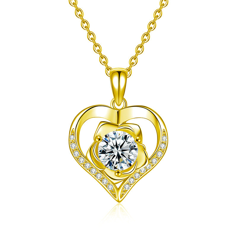 S925 Sterling Silver Rose Moissanite Pendant Loving Heart Necklace