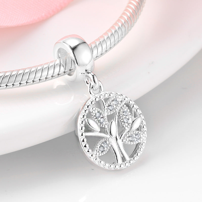S925 Sterling Silver Round Hollow Zircon Jeweled Tree of Life Pendant