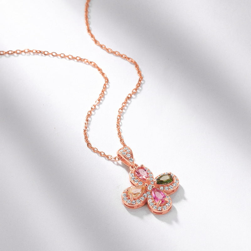 S925 Sterling Silver Four-Leaf Clover Colorful Tourmaline Pendant Necklace